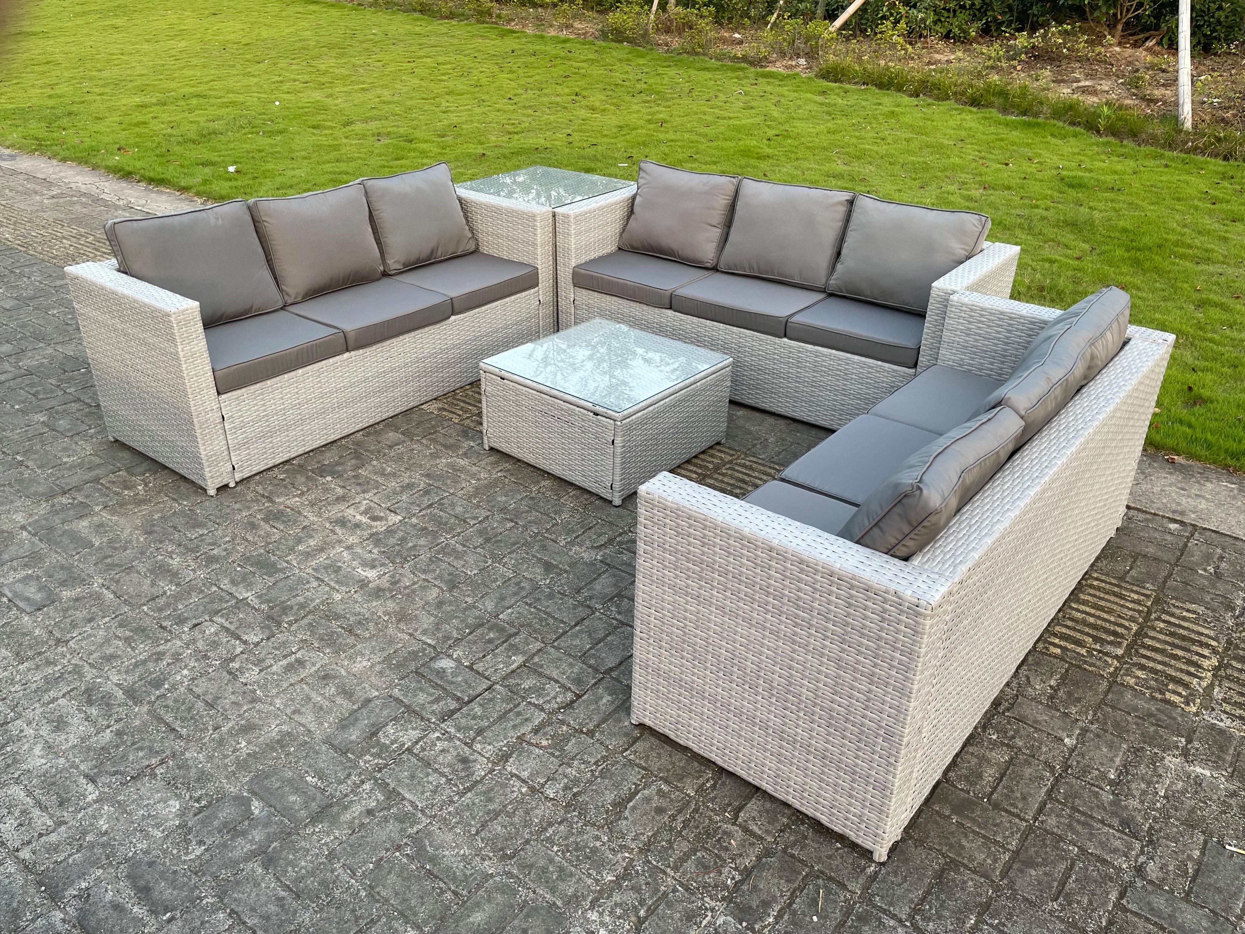 Light Grey Outdoor PE Rattan Garden Furniture Set Wicker Sofa Set Square Coffee Table Side Table